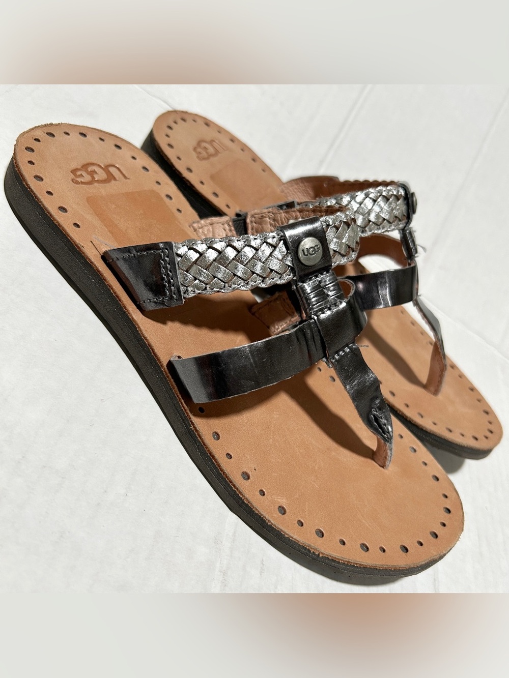 UGG Women's Black and Silver Braided Toe-Post Sandals